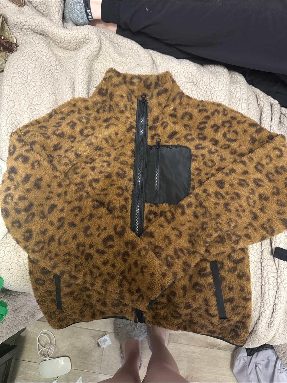 Leopard Print Faux Fur Zip Jacket - Brown/Black